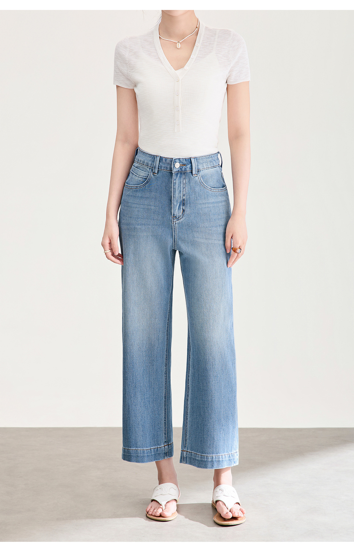 Quần jean nữ cạp cao ống rộng chất liệu cotton pha sợi co giãn mềm mại — xanh lam chi tiết 24
