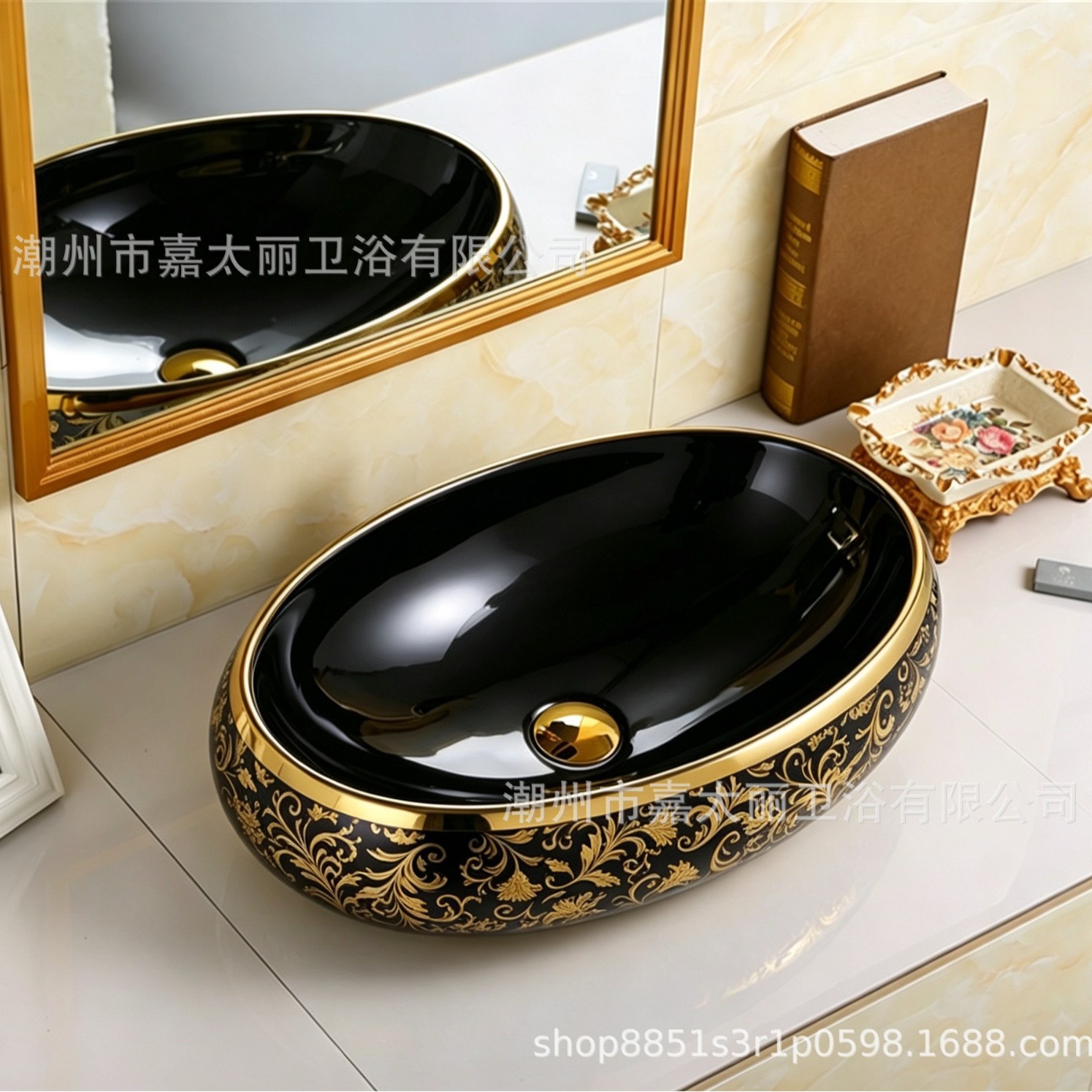 Exportación de alta temperatura color oro tablero lavabo lavabo de cerámica ligera de lujo fábrica de hotel lavabo galvanizado al por mayor image 9