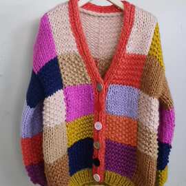 2023秋冬新款重工纯手工方格彩虹撞色开衫毛衣女sweater