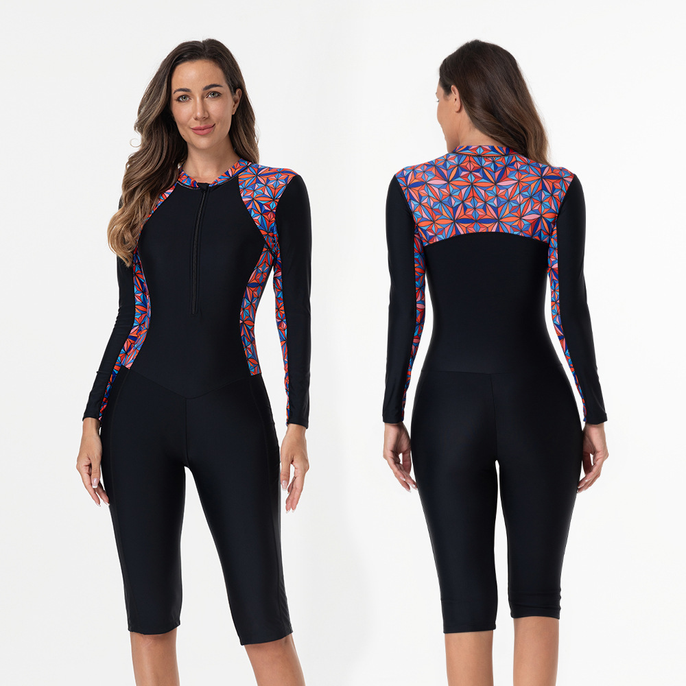 European and American Cross-Border New Swimsuit Long-Sleeved Sun Protection Zipper Wetsuit Middle East Surfing Suit One-Piece Elastic Women's Swimsuit