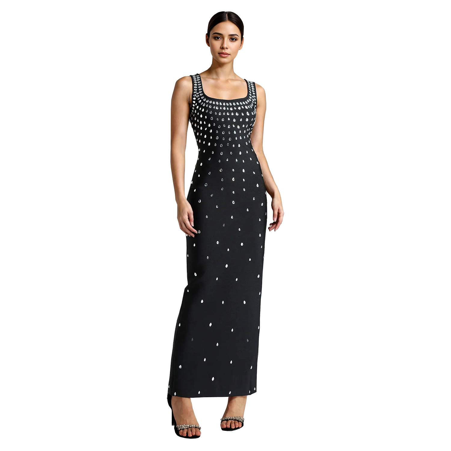 C7117 cross-border AliExpress Amazon Europa y América moda de mujer caliente diamante U cuello sin mangas bolsa de cadera vestido ajustado image 5