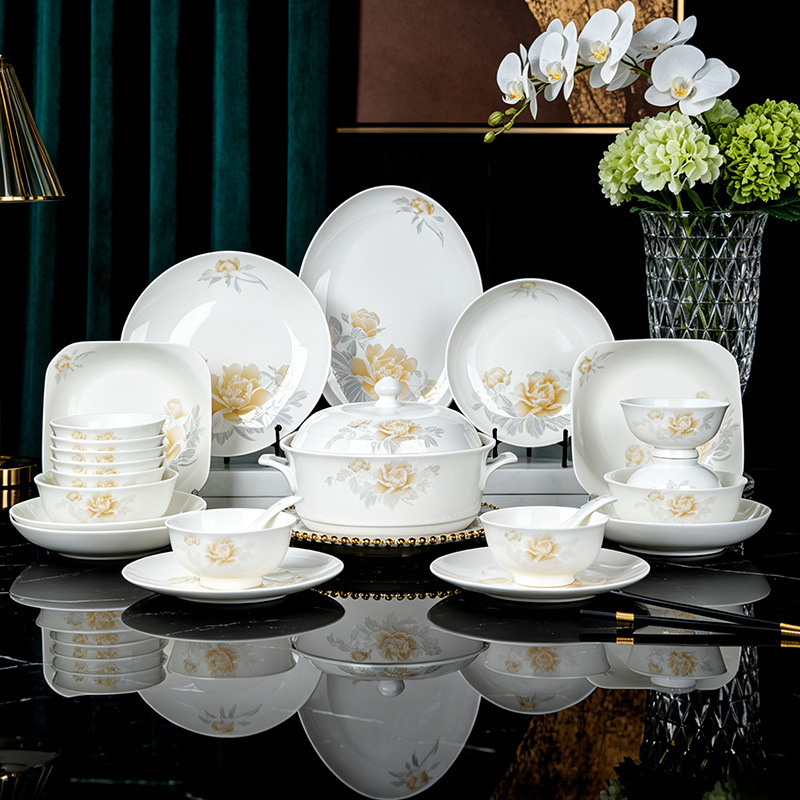 Jingdezhen high-end Chinese-style tableware set, home-use bone china bowls, plates, chopsticks, rice bowls, and soup bowls Jingdezhen high-end Chinese-style tableware set, home-use bone china bowls, plates, chopsticks, rice bowls, and soup bowls