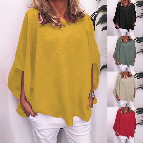 European and American cross-border new women's o-neck half sleeve batwing shirt casual loose solid color simple fashion shirt