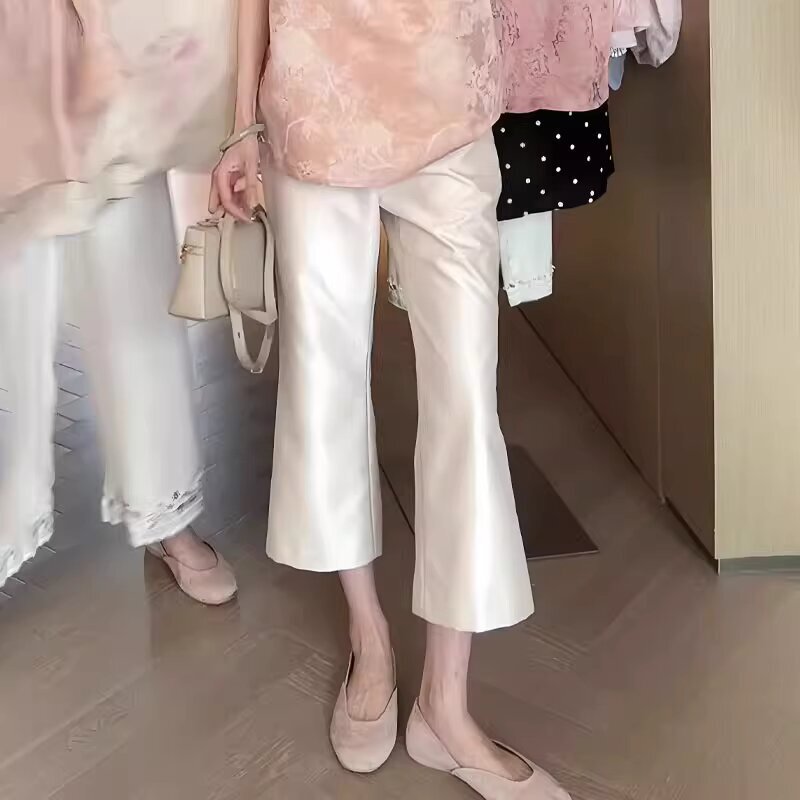 New Chinese Style White Simple Cropped Pants for Women 2025 Summer New High-End Elegant National Style Satin Boot-Cut Pants