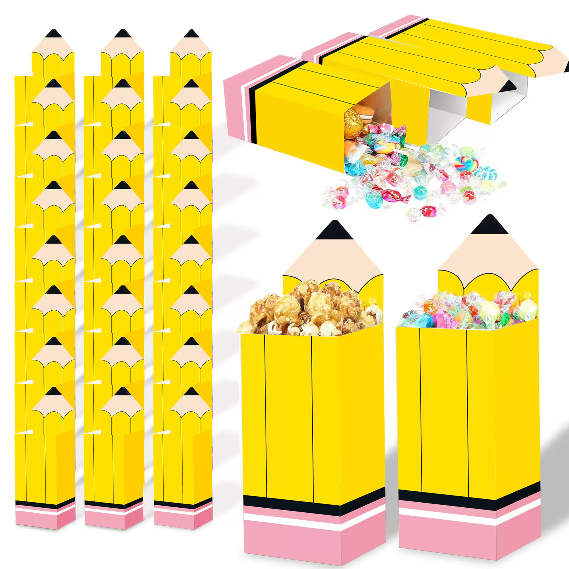 现货糖果铅笔礼盒开学返校季立体零食糖果异形纸盒一次性爆米花盒