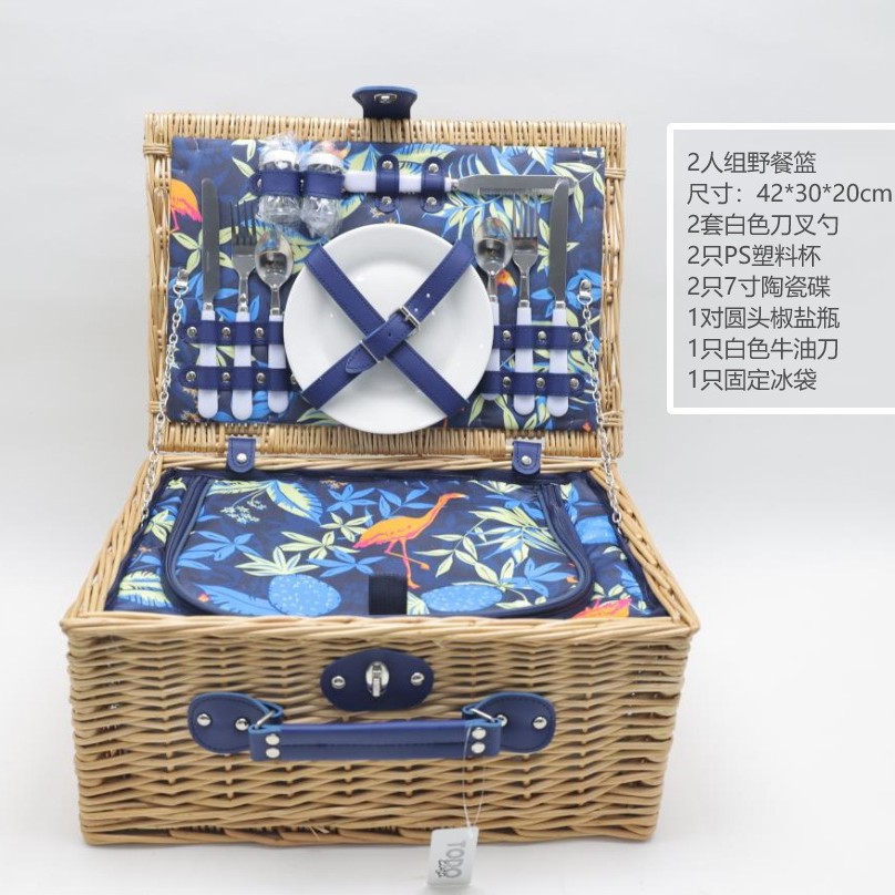 Punto de fábrica de ratán portátil con tapa de almacenamiento cesta de frutas cesta de regalo al aire libre con vajilla cesta de picnic de sauce americano