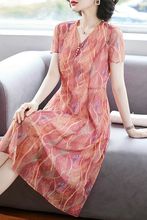 2025新款妈妈真丝连衣裙中年女夏装衣服中老年桑蚕丝短袖过膝裙子
