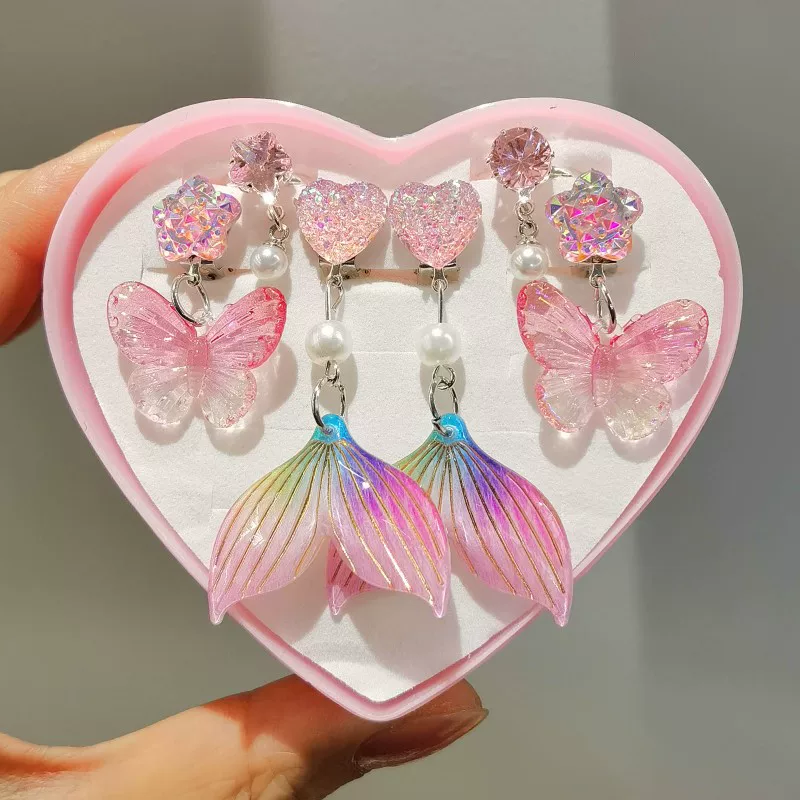 Children's ear clips, cartoon earrings, ring, set, no pierced ears