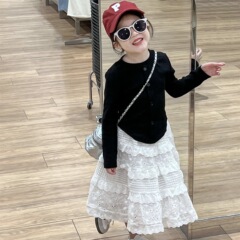 2024春季韓版 童裝新品 女童氣質白色半身裙蕾絲蛋糕裙花邊仙女裙