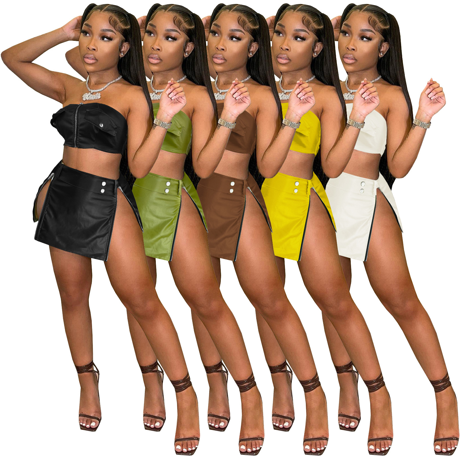 Daily Women's Sexy Streetwear Solid Color Pu Spandex Skirt Sets Skirt Sets display picture 2