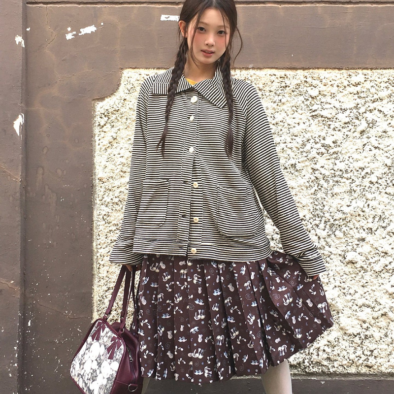 Coy*Io Striped Single-Breasted Cardigan + Printed Skirt Korean Designer Women's Fashion Japanese-Style Set Coy*Io Striped Single-Breasted Cardigan + Printed Skirt Korean Designer Women's Fashion Japanese-Style Set