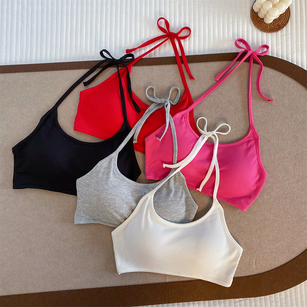 Trendy Short Camisole with Solid Color, Simple Halter Neck, Large Backless Design, Built-In Chest Pads, Anti-Exposure, Inner Wrap