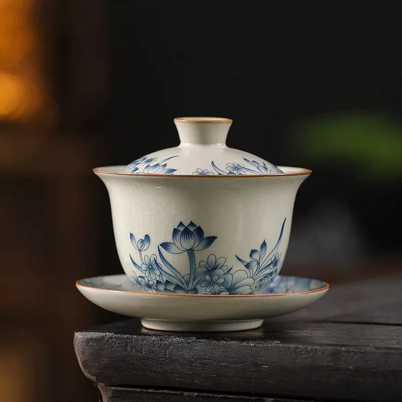 【支持代发】青花缠枝汝窑盖碗功夫茶具中式家用陶瓷单个泡茶碗