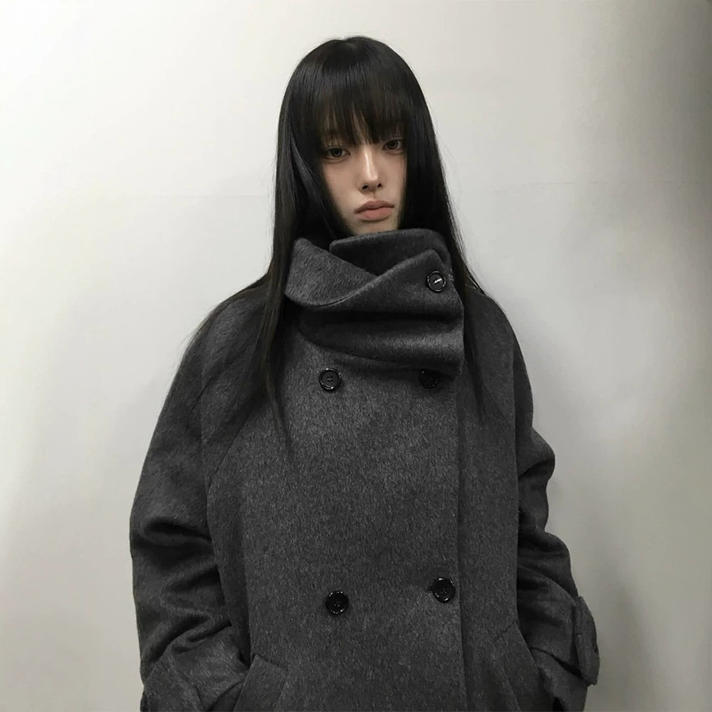 Now H Wool Large Lapel Quilted Woolen Coat for Women, Autumn and Winter Korean Style Double-Breasted Coat Cheme*C