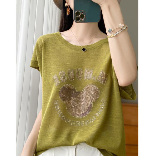 Women's Loose Fit Short Sleeve Round Neck T-Shirt with Beaded Decoration, Summer 2025, Thin Cotton, Casual and Versatile, Slimming