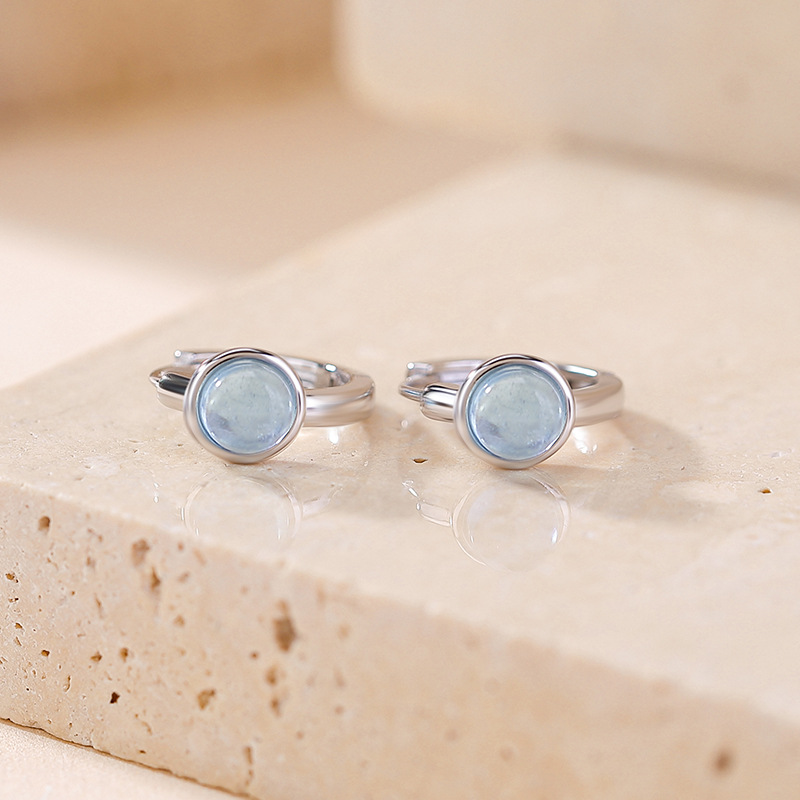 Bông tai bạc S925 hình tròn đính đá sapphire biển phong cách hình học — Một cặp