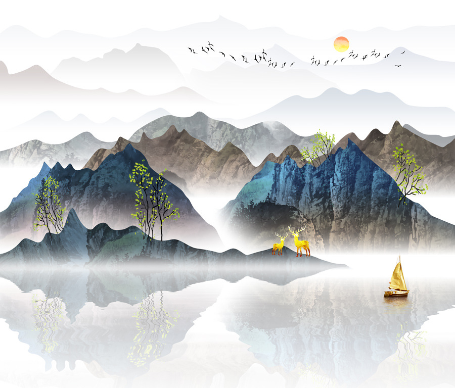 手绘彩色山水 新