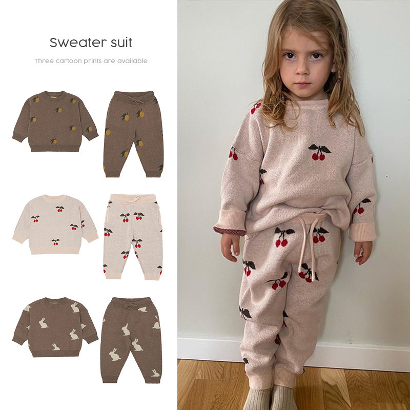 Children's Knitwear Cross-Border Forest Autumn and Winter Clothing Kidsren's Clothing Baby Cartoon Rabbit Jacquard Long-Sleeved Pullover Knitwear Set