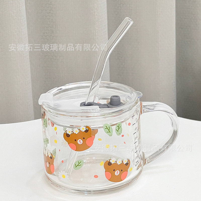 Taza de leche con tapa Taza de pajita Calefacción doméstica con cuchara Taza de impresión linda Taza de desayuno INS Taza de avena Estilo ins