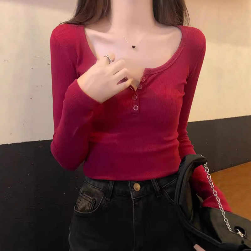 2025 Hot Girl Half Open Collar Long Sleeve Bottoming T-Shirt Women's Spring and Autumn Threaded Slim Button Long Sleeve Top
