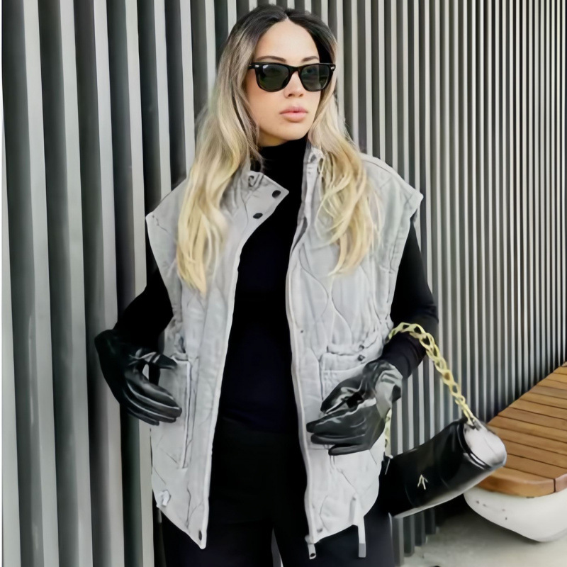 Aliexpress Hot-Selling Cross-Border Foreign Trade European and American Women's Clothing Za Autumn and Winter New Quilted Stand Collar Sleeveless Cotton Vest
