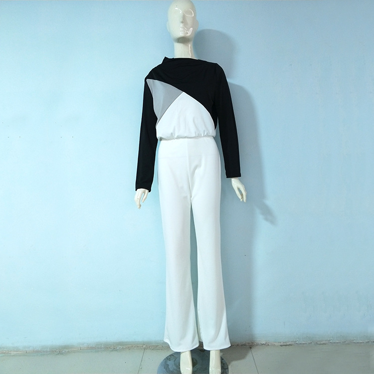 New Black White Color Matching Long Sleeve Creative Jumpsuit