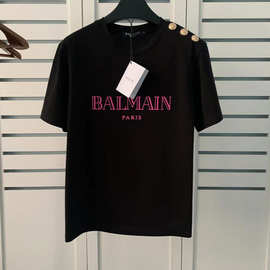 24ss春夏新款巴尔曼肩膀金扣balmain烫金字母棉质T恤情侣