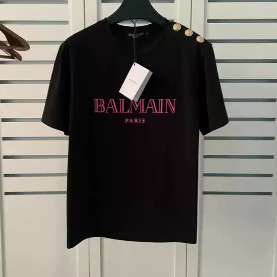 24SS Balmain Gold Button Shoulder Embroidered Cotton T-Shirt for Couples
