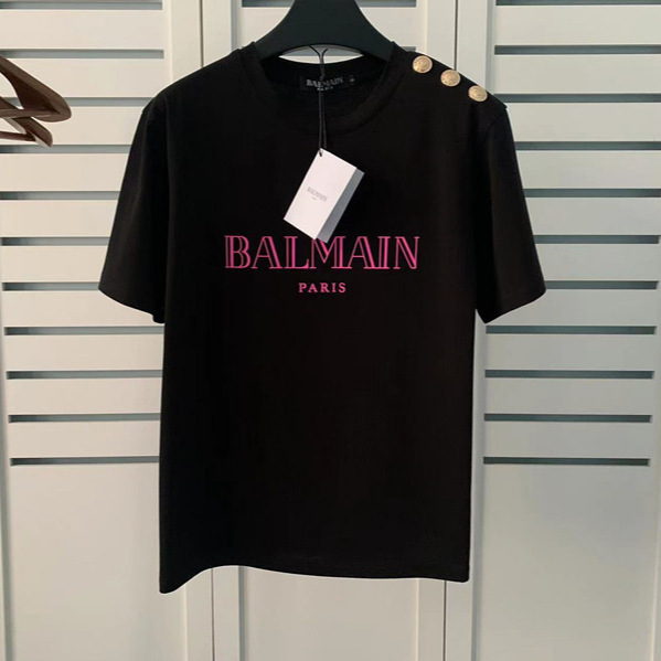 24ss Spring and Summer New Balmain Shoulder Gold Buckle balmain Bronzing Letter Cotton T-Shirt Couple 24ss Spring and Summer New Balmain Shoulder Gold Buckle balmain Bronzing Letter Cotton T-Shirt Couple
