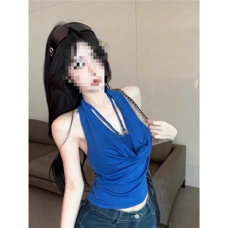 Fake Two-Piece Halter Neck Tank Top for Women, Summer Thai Style Hot Girl Tube Top, Stunning Black Color Fake Two-Piece Halter Neck Tank Top for Women, Summer Thai Style Hot Girl Tube Top, Stunning Black Color