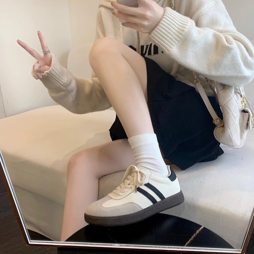 Grape mom retro flat bottom all-match sports lace-up color three-bar moral training shoes women's casual sneakers Forrest Gump white shoes