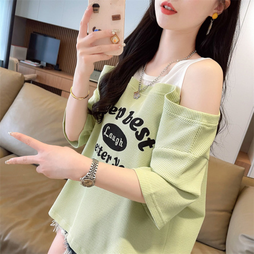 2025 Summer Fashion Off-Shoulder T-Shirt for Women, Korean-Style Loose-Fit Base Top; European & American-Style Loose-Fit Faux Two-Piece Top with Letter Print