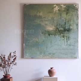 民宿方形手绘肌理油画绿茵客厅抽象装饰画玄关侘寂风设计师款挂画