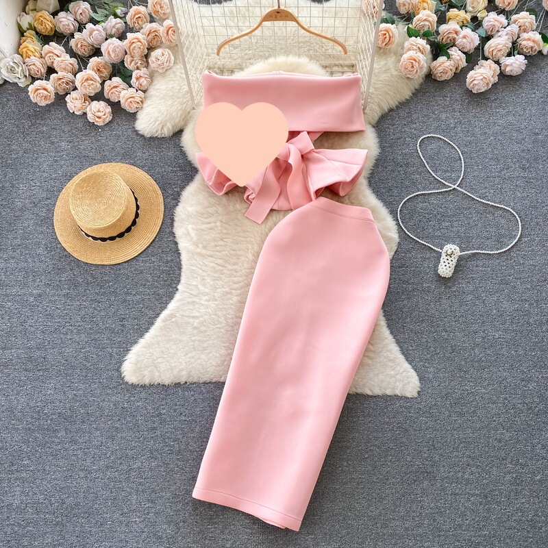 Palace Style Dress suit Sexy off-shoulder Strap Tight Waist Lotus Leaf Top All-match Half-length Skirt Two-piece Set Palace Style Dress suit Sexy off-shoulder Strap Tight Waist Lotus Leaf Top All-match Half-length Skirt Two-piece Set