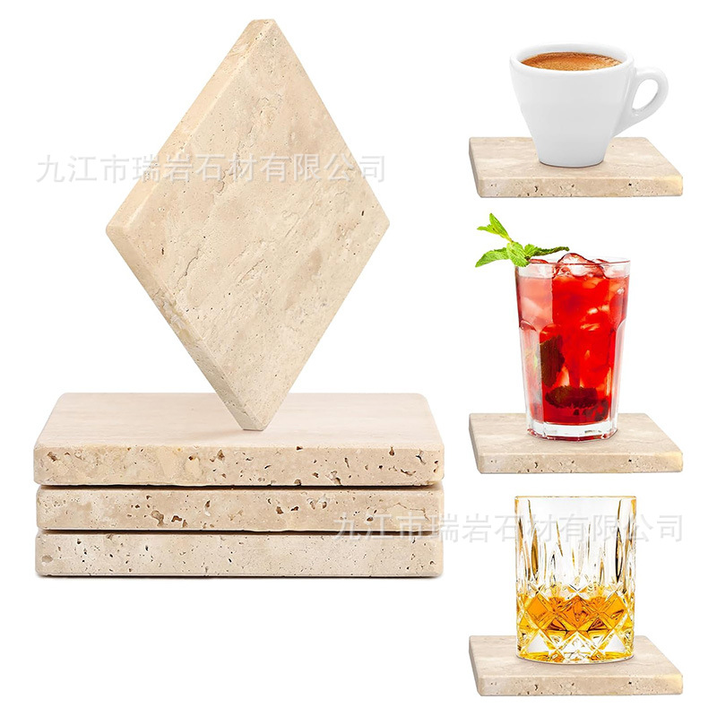 Posavasos de mármol de travertino natural de Amazon transfronterizo al por mayor, posavasos de café de whisky, accesorios de tiro absorbentes
