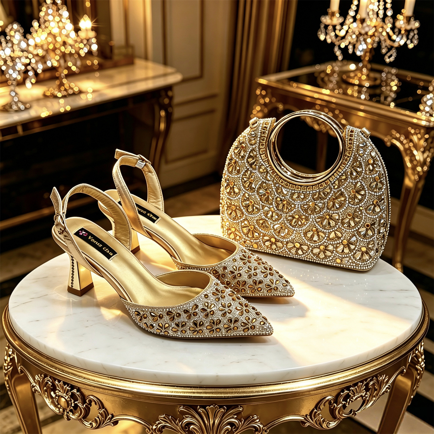 gold Sparkling Diamond Party Shoes And Set: Pointed Toe Full-Diamond PU Sandals Paired With French Style Shoulder Bag_voghion.com