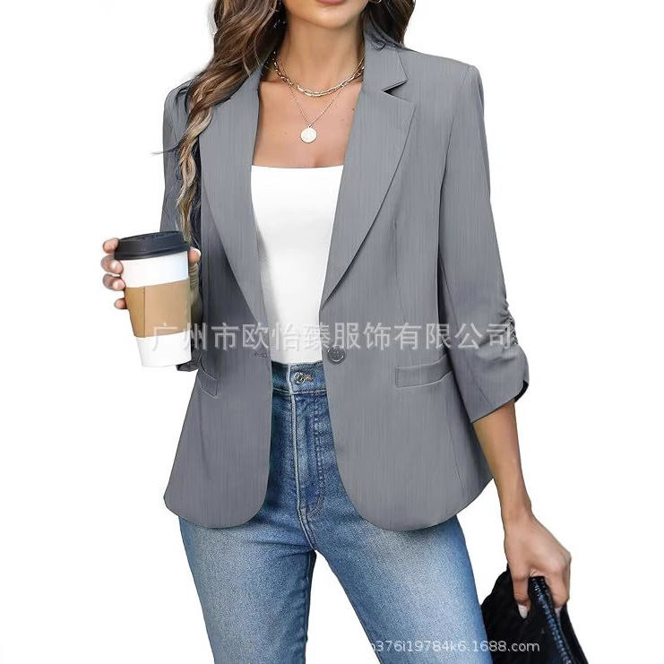 Cross-Border European and American Independent Station Amazon Aliexpress 2025 Autum New Pure Color Lightweight Slim Suit Jacket