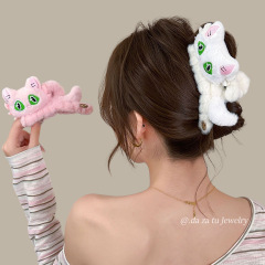 可爱猫咪毛绒抓夹女秋冬大号发量多鲨鱼夹高级感后脑勺盘发夹头饰