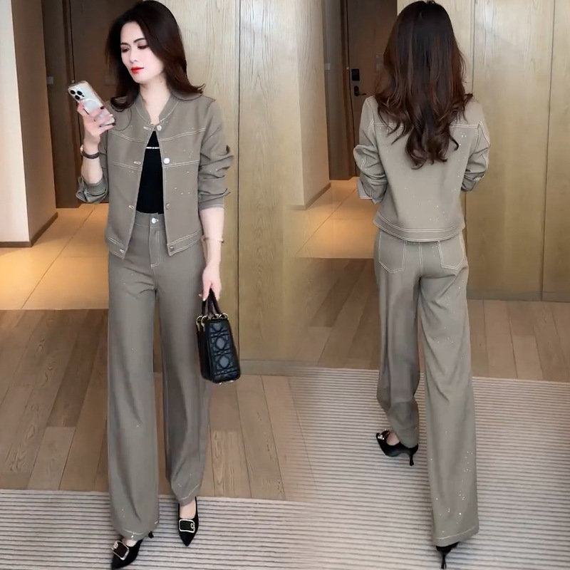 Korean Style Shiny Fashionable Denim suit Women's Spring and Autumn New Age-reducing Short Coat High Waist Trousers Two-piece Set