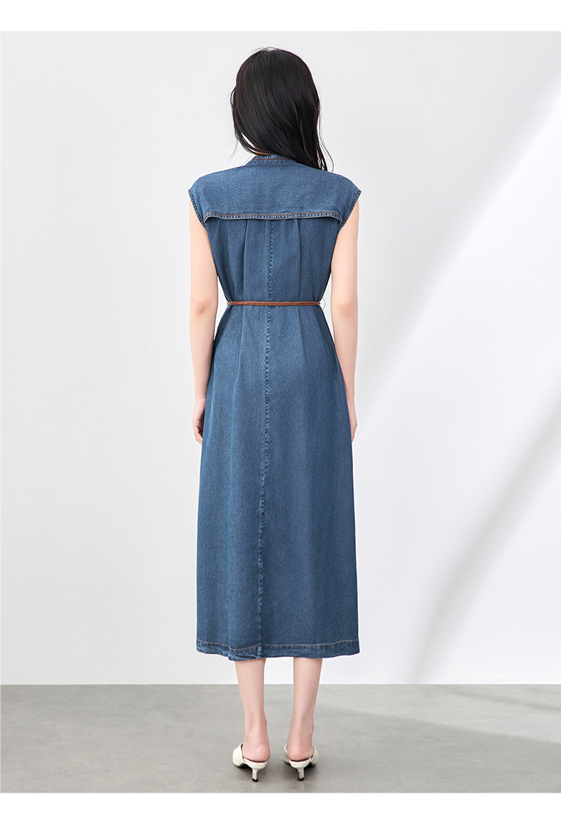 Váy liền denim Tiansi dáng maxi thắt eo phong cách Pháp mùa hè — Màu xanh lam chi tiết 8