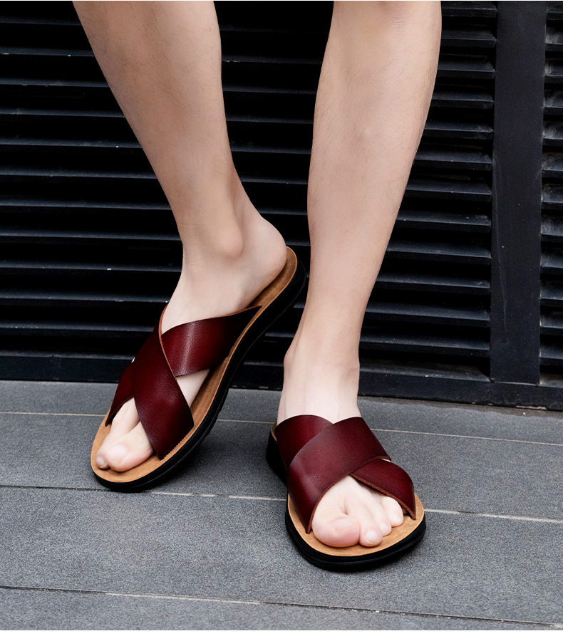Dép sandal nam quai ngang hở mũi thoáng khí chống trơn trượt — Màu trắng, Nâu Đen, Nền màu nâu xám, Vàng đất chi tiết 17