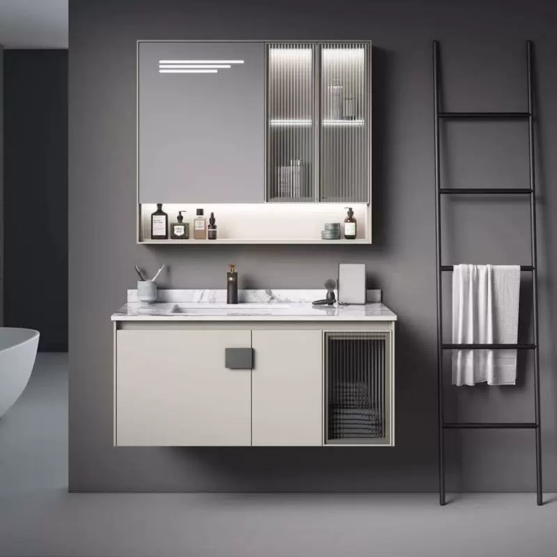 防潮太空铝浴室柜一体陶瓷盆侧边储物镜柜组合挂墙式洗手盆小户型