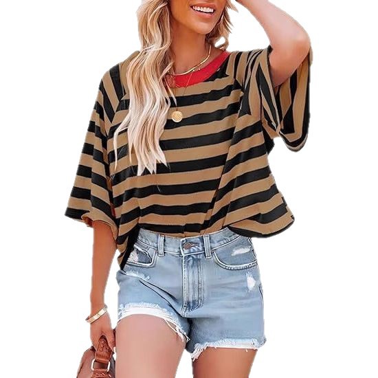Verano nuevo 2025 transfronterizo Europa y América Amazon rayas de manga corta camiseta de cuello redondo casual suelta camiseta de mujer