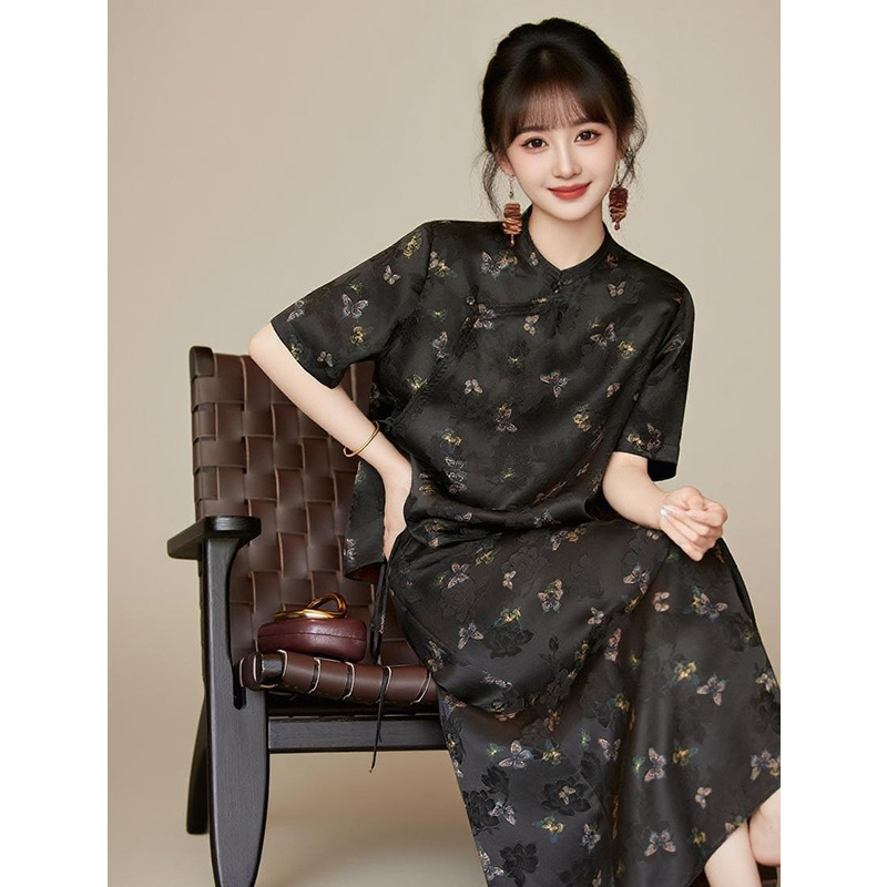 Silk Fragrant Cloud Yarn/100 Mulberry Silk Floral Top Cardigan Women's New Chinoiserie Butterfly Print National Style Short-Sleeved Shirt