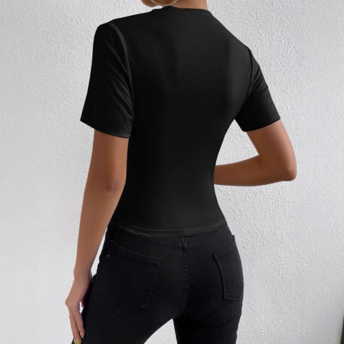 Short-sleeve T-shirt European and American cross-border short-sleeve French temperament thin women's casual pleated crew neck T-shirt