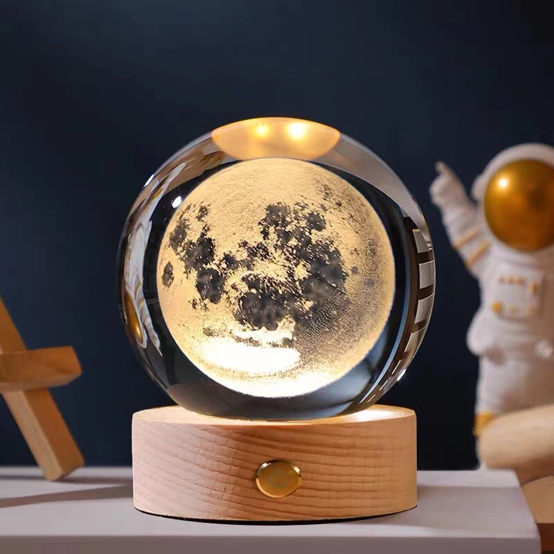Touch Rechargeable Wooden Base Moon 3D Carved Crystal Ball Night Light Creative Desktop Luminous Ornament Company Gift