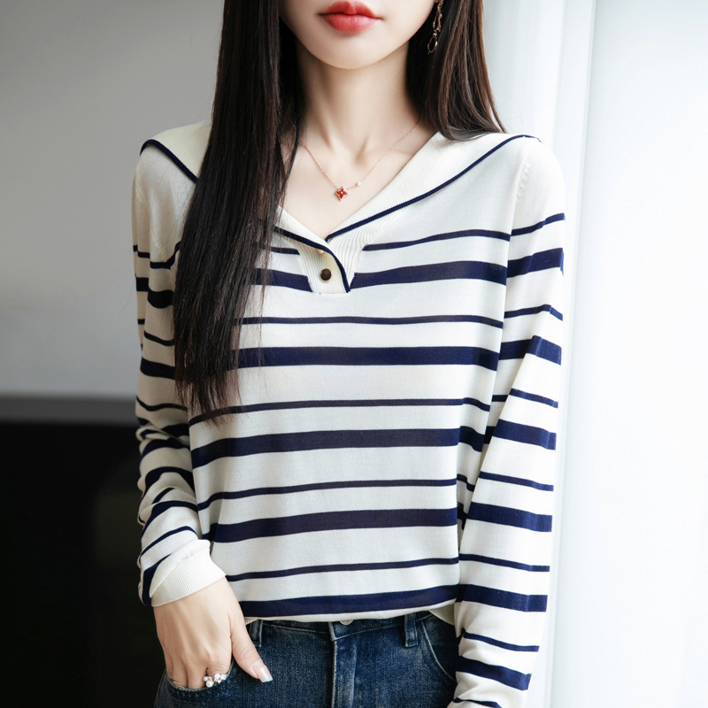 Navy Collar Blue Stripesd Tencel Knitwear Women's Spring & Fall New Contrast Color V Neck Thin Long-Sleeved Jacket Top