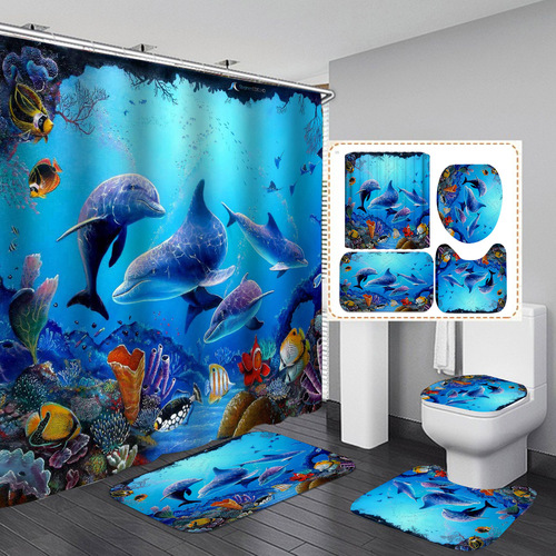 Direct Supply Cross-Border Digital Printing Waterproof Mold-Resistant Personalized Shark Pattern Series Shower Curtain Manufacturer Direct Supply Shower Curtain Wholesale