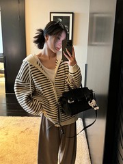 杏色抽绳连帽条纹针织开衫女秋季韩版宽松百搭上衣外套