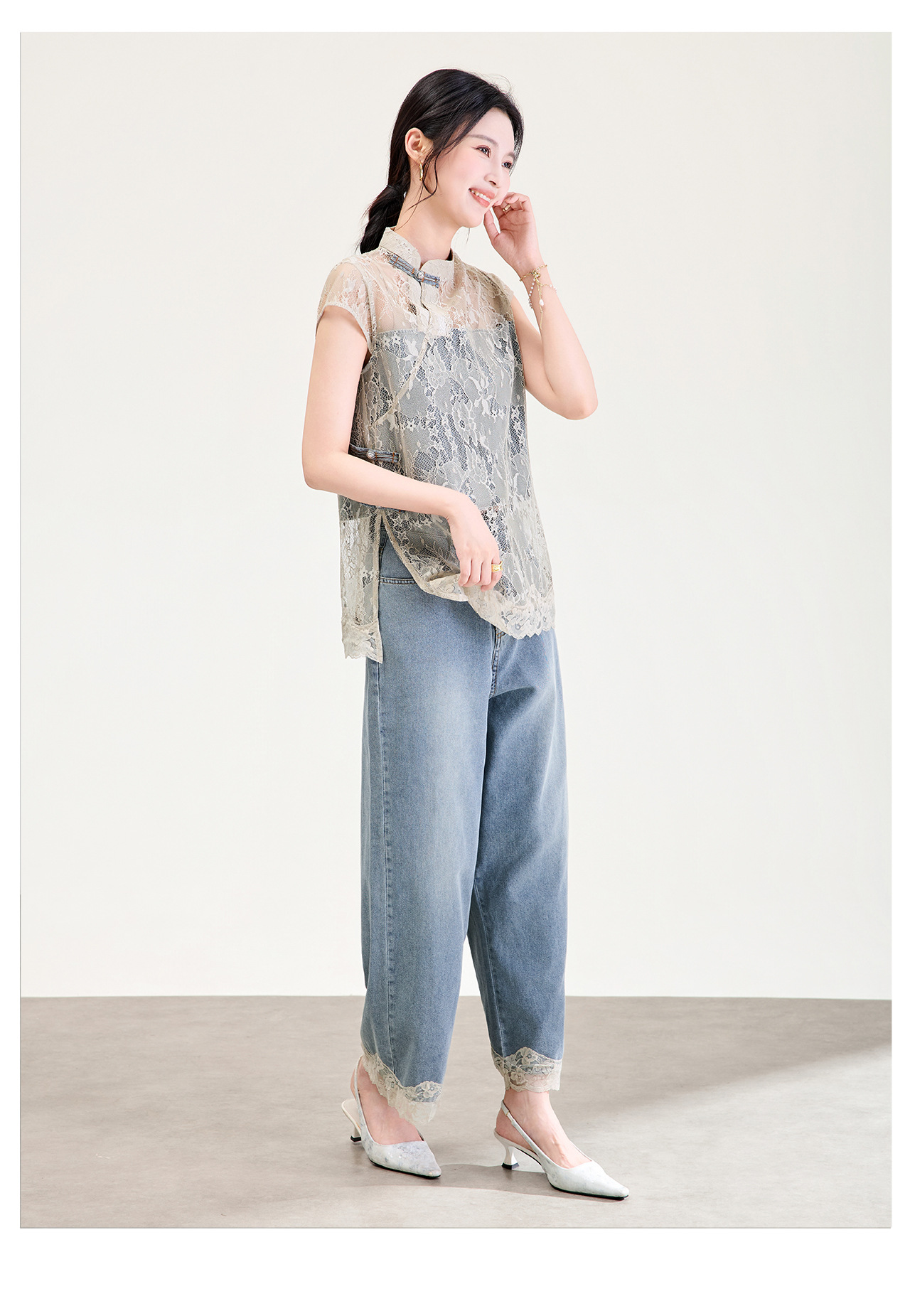 Bộ áo ren phối quần jeans nữ phong cách Trung Hoa mùa hè — màu kaki chi tiết 11
